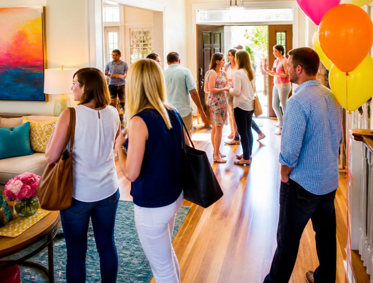 Busy open house with visitors touring a bright, colourful home