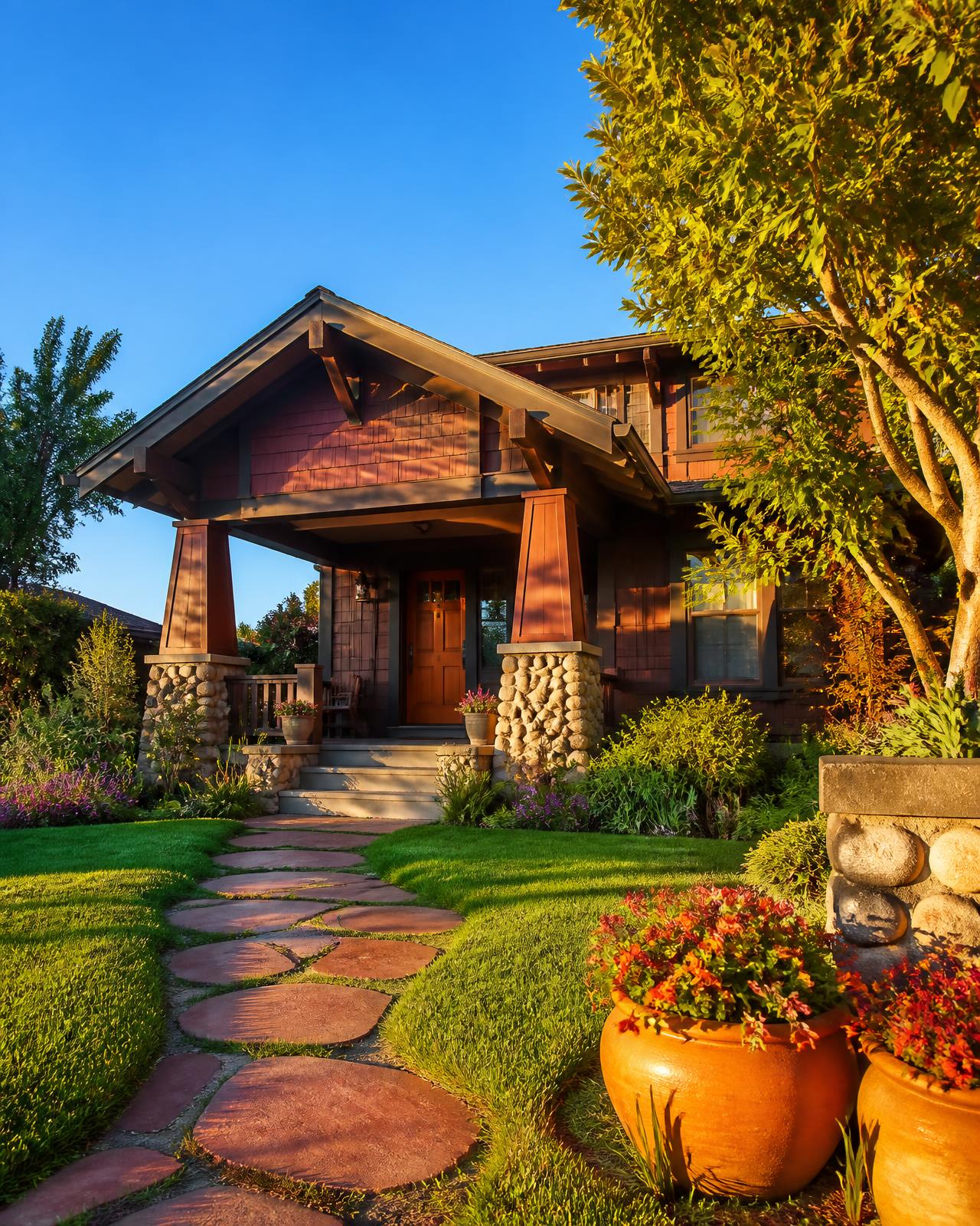 Sunlit craftsman home at golden hour with flowering front garden