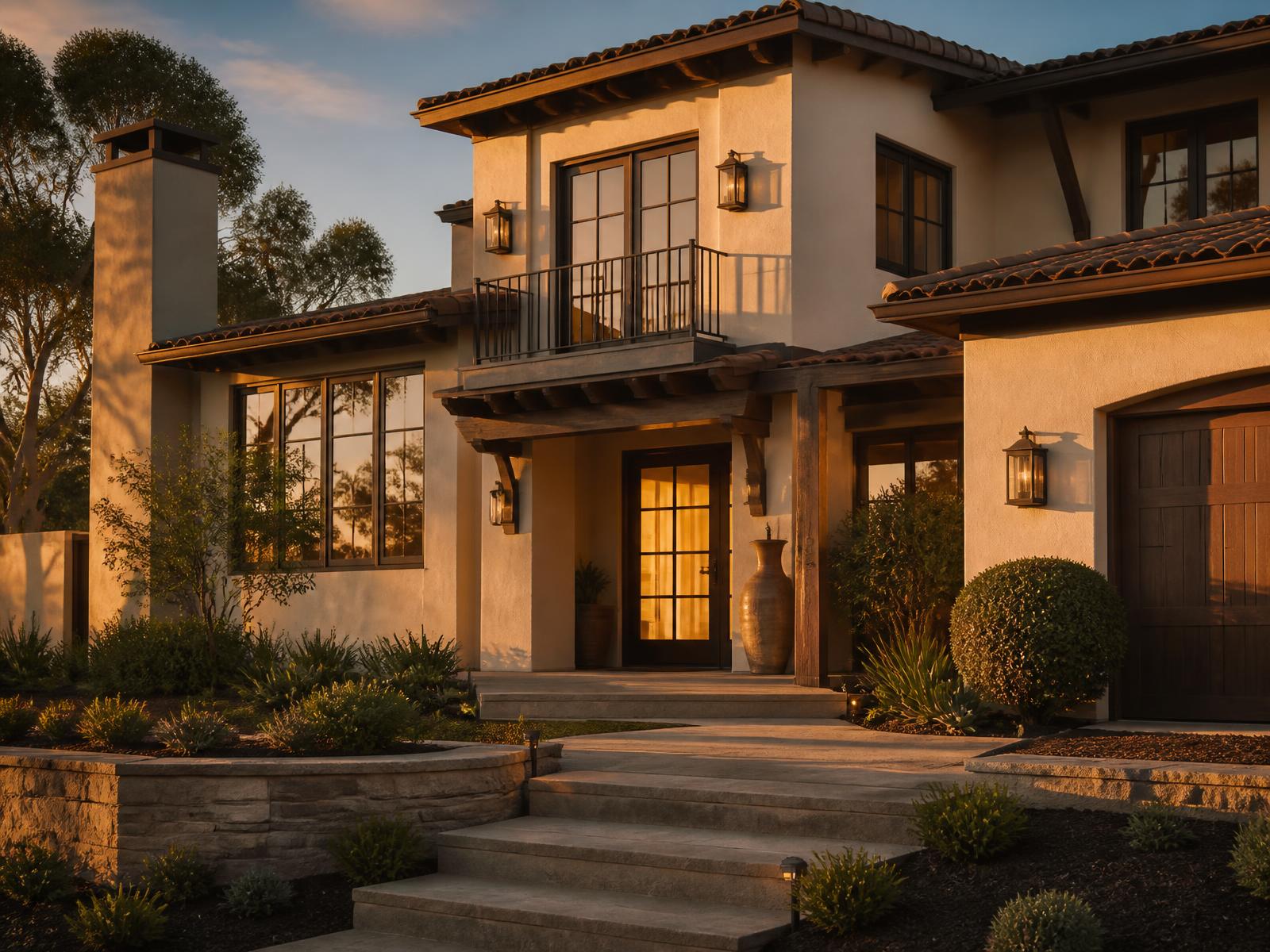 Warm-toned family home photographed at golden hour
