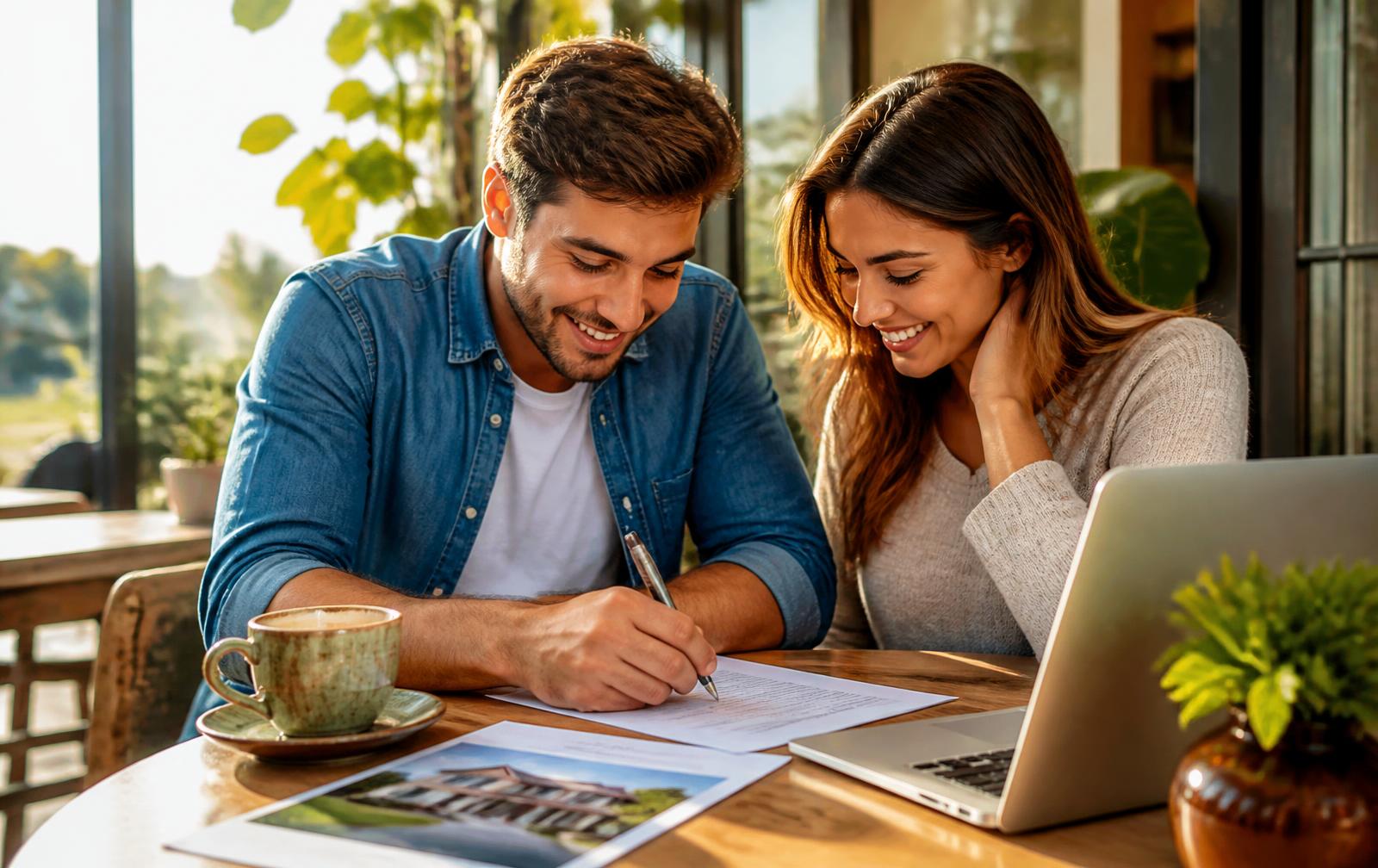 Couple drafting an offer letter at a sunny table with a home brochure