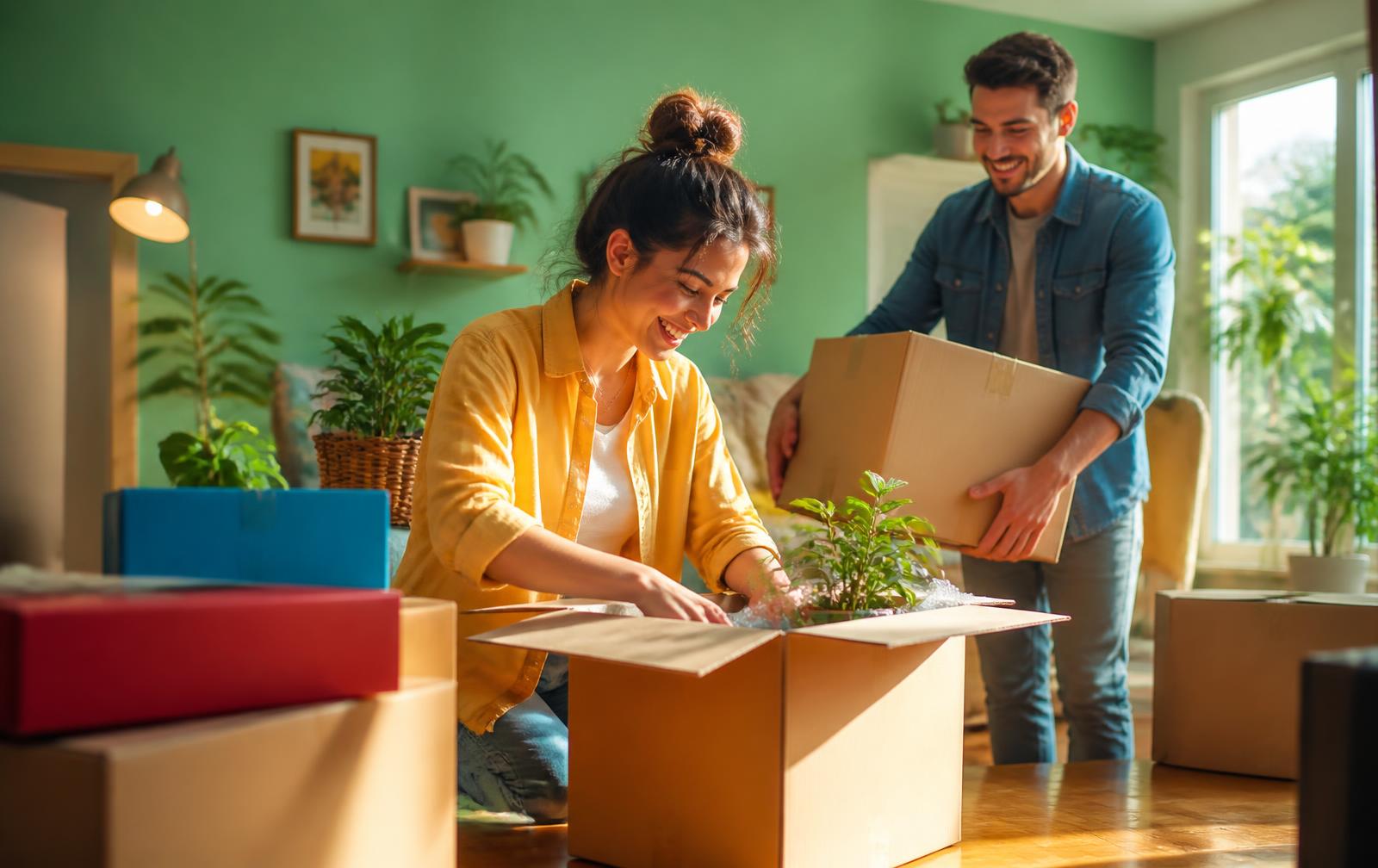 New tenants unpacking colourful boxes in a sunlit rental