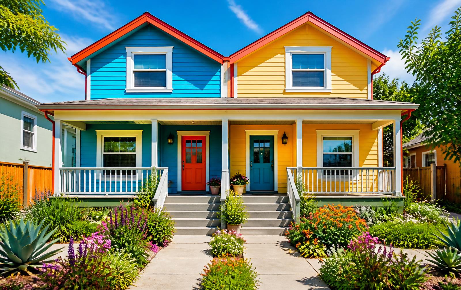 Freshly painted blue and yellow duplex rental under a clear sky