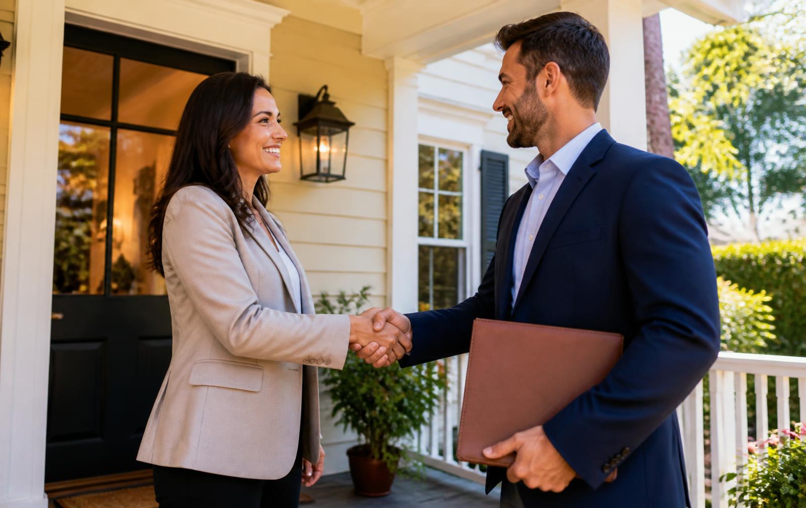 Two agents shaking hands on a sunlit porch over a listing folder